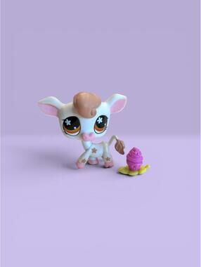 Littlest Pet Shop Cow White Brown Flower #476 Hasbro LPS Ice Cream Accessory